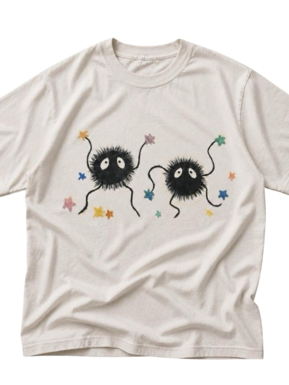 Cream Short-Sleeve Tee with Black Fuzzy Character Graphics